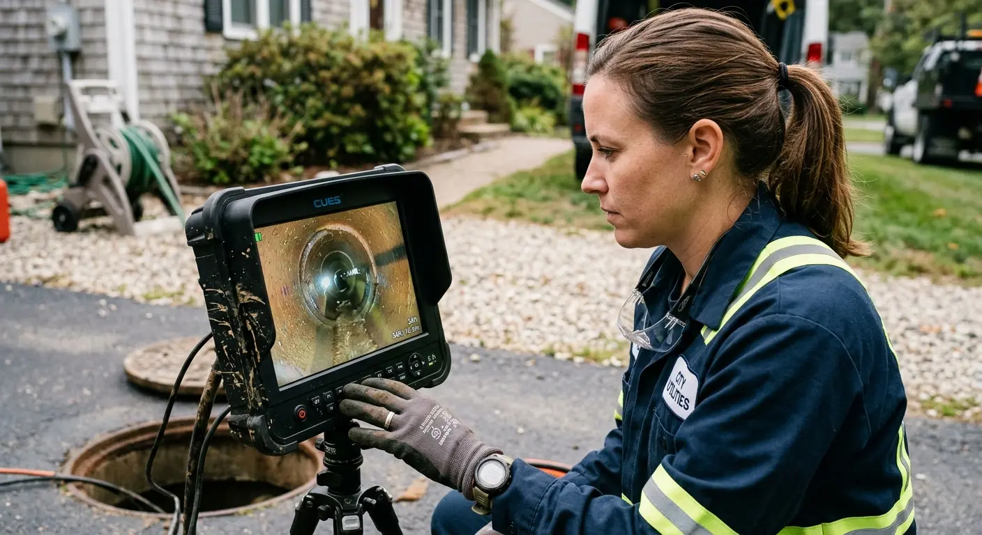 Technician reviewing sewer camera inspection footage in Coalinga