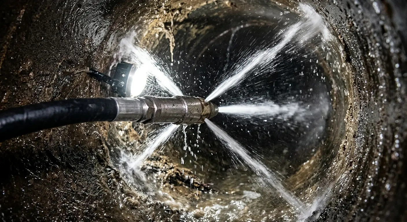 High-pressure hydro jetting nozzle cleaning sewer pipe for Trenchless Sewer Repair in Coalinga