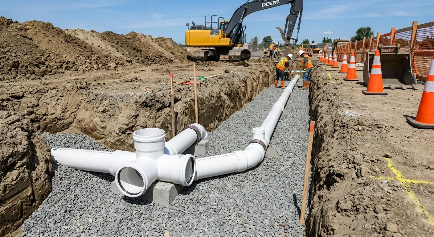 New PVC sewer pipe installation in open trench for Sewer Backup in Coalinga