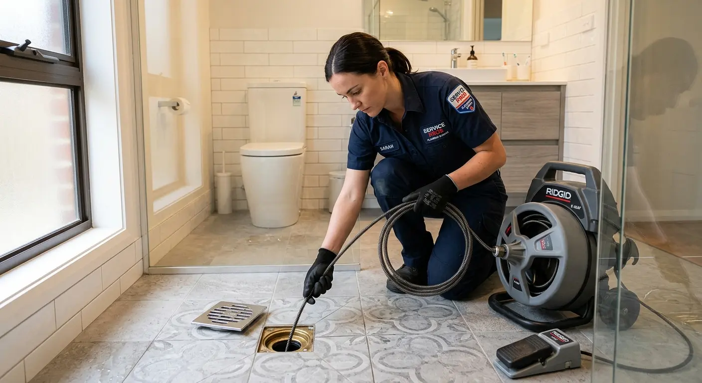 Technician clearing a bathroom floor drain for Sewer Line Replacement in Coalinga